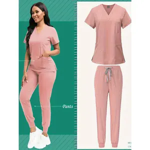 Two Piece Set Scrub for Women Scrubs Top with Classic V Neck Yoga Jogger Pants Uniform Scrub Set