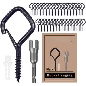 35 PCS Eye Screw Hooks for Hanging Heavy Duty with Safety Buckle.Metal Ceiling Hooks for Hanging Plants,Cup,Wind Chime,Bird Feeders,Christmas String Lights at Indoor&Outdoor,2.36 Inches Black