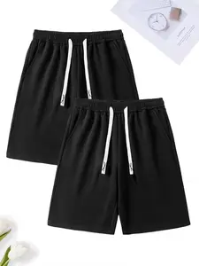 Men's 2-Pack Basic Athletic Shorts, Workout Gym Shorts, Breathable Fitness Shorts, Drawstring Sports Shorts, Solid Black Design with White Drawstrings, Soft Breathable Fabric, Perfect for Gym Training, Running, Daily Wear