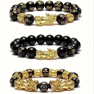 3Pcs Feng Shui Lucky Charm Bracelets for Men & Women - Natural Stone, Wealth Attraction Pixiu Design Black Beads Bracelet