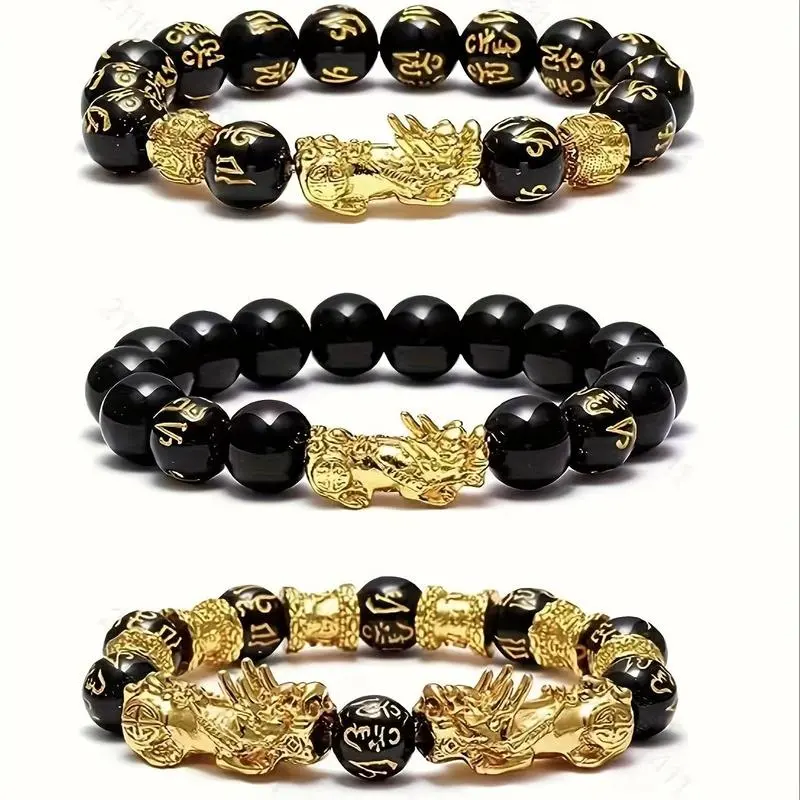 Unisex 3-Pcs Feng Shui Natural Stone Beaded Bracelets - Black Beads, Pixiu Charm, Money-Attracting Costume Jewelry for Daily Wear & Bracelet Stacking