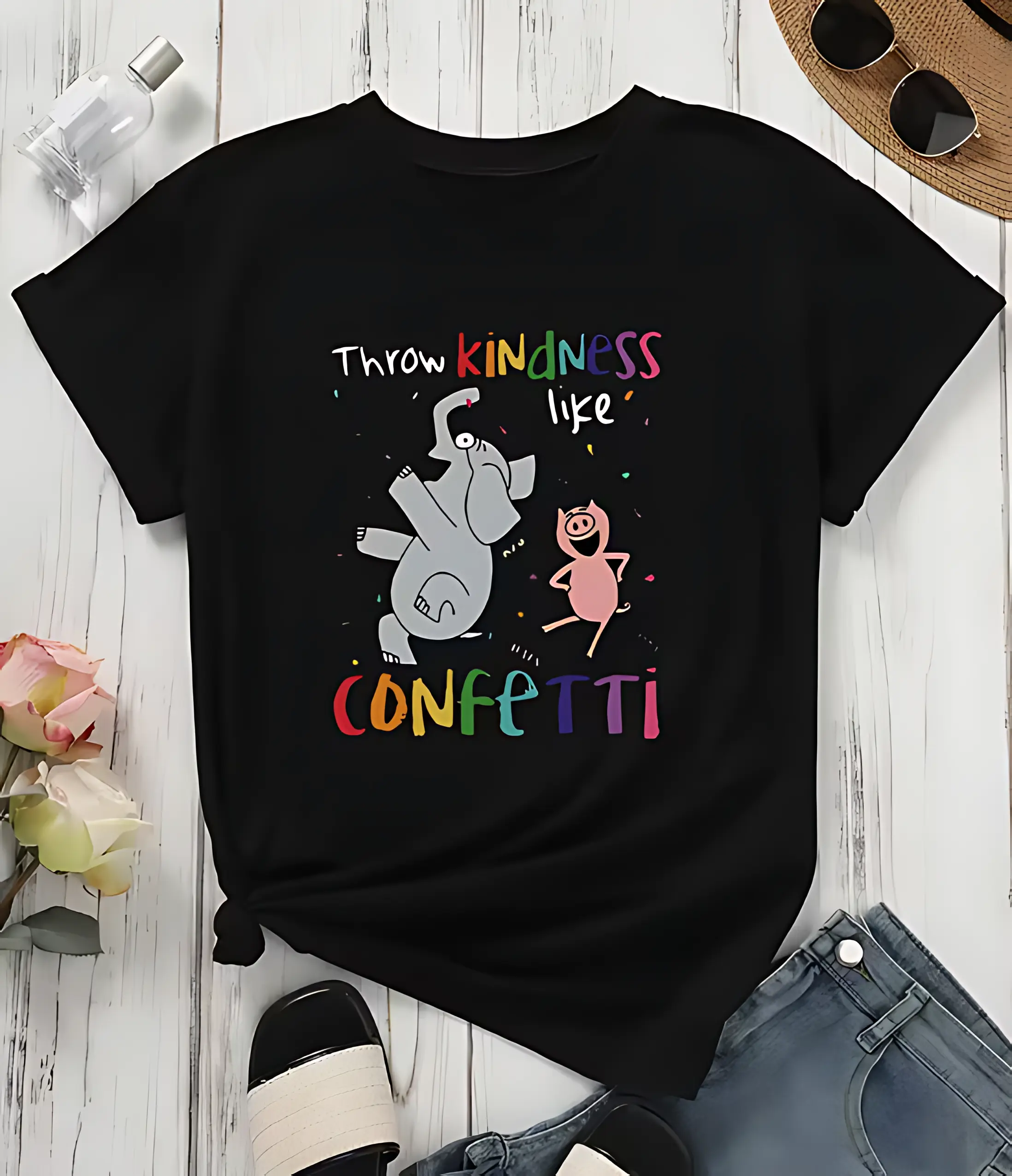 Women's Short-Sleeve Crewneck T-Shirt - Kindness Confetti Elephant Pig Print, Smart Casual, Sporty, Everyday Wear, Soft Fabric, Flattering Fit, Outdoor Leisure Use