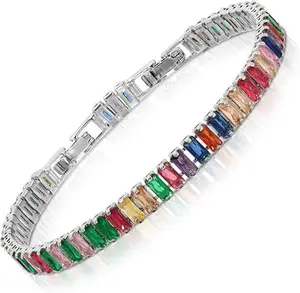 Tennis Bracelets for Women, 14K White Gold Plated 5mm Multi Colored CZ Bracelet | Size 7.7-7.8 Inch