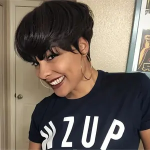 Glueless Pixie Cut Wigs Pixie Cut Wig Human Hair For Black Women Chic Elegent Short Layered Pixie Cut Human Hair Wigs With Bangs Full Machine Made Brazilian Human Hair Nature Black Color