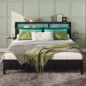 Bestier - Queen Size Bed Frame with Upholstered Headboard Built-in Storage LED Lighting and Charging Station