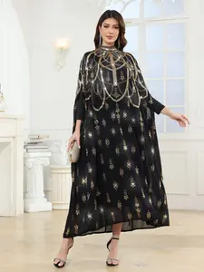 Shiny Open Front Abaya Cape, Elegant Pearl-Embedded Evening Gown, High Neck Sleeveless Floral Sequin Coat, Ideal for Daily Wear and Celebrations