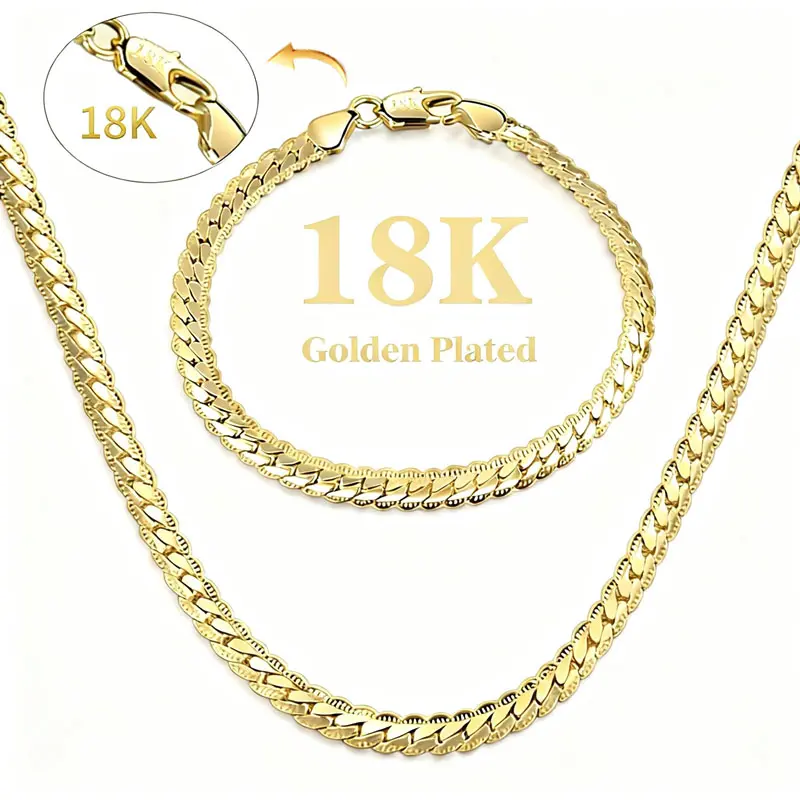 18K Gold-Plated Full-Side Necklace & Bracelet Set Vintage Feel Anti-Rust Waterproof 5mm Width 20/22/24 Inches Perfect Christmas Gift for Men Women，Birthday gift.