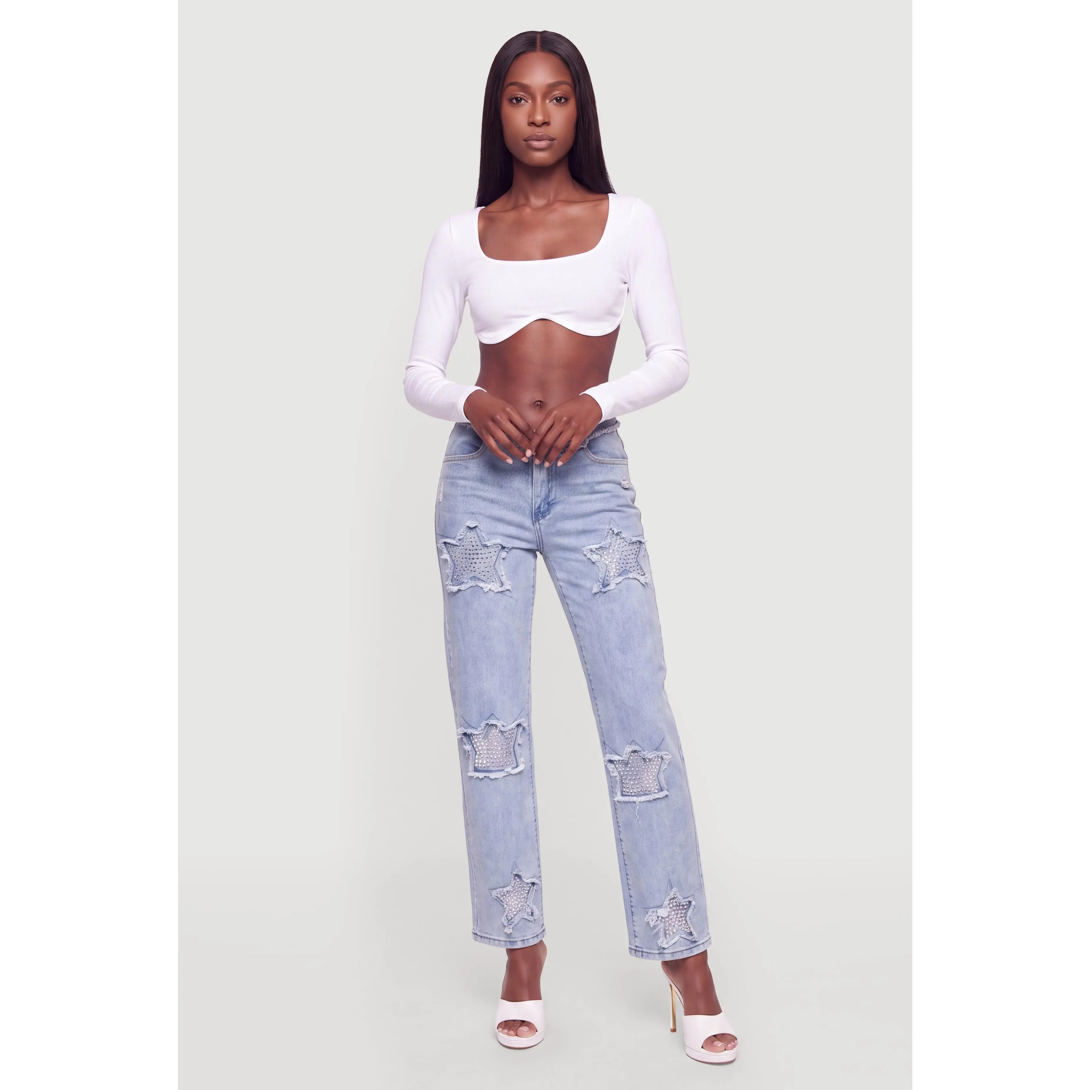 Studded Star Embroidered Straight Leg Jeans
