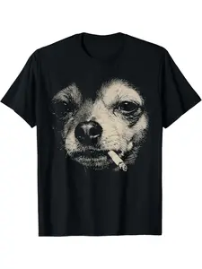 Dog Smoking Cigarette Funny Chihuahua Meme T-Shirt, Round Neck Short Sleeve 100% T-Shirt Heat Transfer-Casual Round Neck Short Sleeves T-Shirt