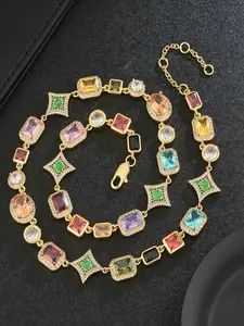 Vintage Colorful Stone Decorated Necklace, Elegant Zircon Stones Necklace for Party, Daily Clothing Decor, Trendy All-match & Exquisite Jewelry for Birthday Gift, Fashion Jewelry Accessories