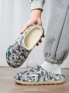 Women Men Winter Warm Fuzzy Lined Slip-On Mules Shoes, Random Trendy Print, Comfortable Casual Outdoor Footwear, Durable Design