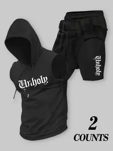 Men's Unholy 2-Piece Gym Outfit, Sleeveless Hooded Tank Top & 2-in-1 Compression Shorts Set, Quick Dry Athletic Workout Tracksuit, Gothic Graphic Bodybuilding Fitness Sportswear, Letter Print Tracksuit for Training, Running & Streetwear