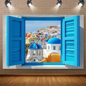 1pc 2D Flat Greek Heritage Village Tapestry - Vibrant Santorini-inspired Polyester Wall Hanging for Home, Party, and Outdoor Holiday Decorations, Holiday Room Decor | Cultural Decor | Colorful Design