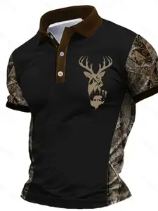 Men's Comfortable Breathable High-Quality 3D Digital Graphic Print Antler Polo Shirt, Casual Slim-Fitting Short Sleeve T-Shirt, Menswear