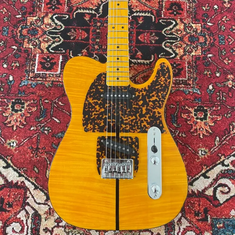 Classic Tele-Style Electric Guitar with Amber Yellow Flame Maple Top, Leopard Pickguard, Dual Red Components - Music Gear for Musical Enthusiasts