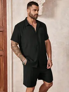 Men's Plus Size Loose Fit Short Sleeve Shirt, Single Button Design, Casual Shorts Set with Pockets, Two-Piece
