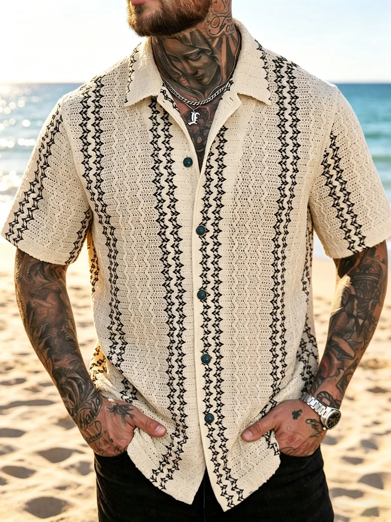 Men's Vintage Striped Knit Short Sleeve Shirt, Casual Beach Style Collared Button-Up Top, Summer Breathable Tropical Hawaiian Style T-Shirt, Casual Summer Clothing, Button Up Shirts