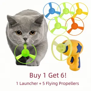 6 Pcs Cat Fetch Toy Set Launcher Gun, Flying Disc Toy, Cat Track Toy for Cat Training Hunting Chasing Interactive Cat Toys for Bored Indoor, Cute Kitten Kitty Toys, Flying Propellers For Dog and Puppy Toy Pet Supplies, Cat Stuff Outdoorfun, Dog Stuff