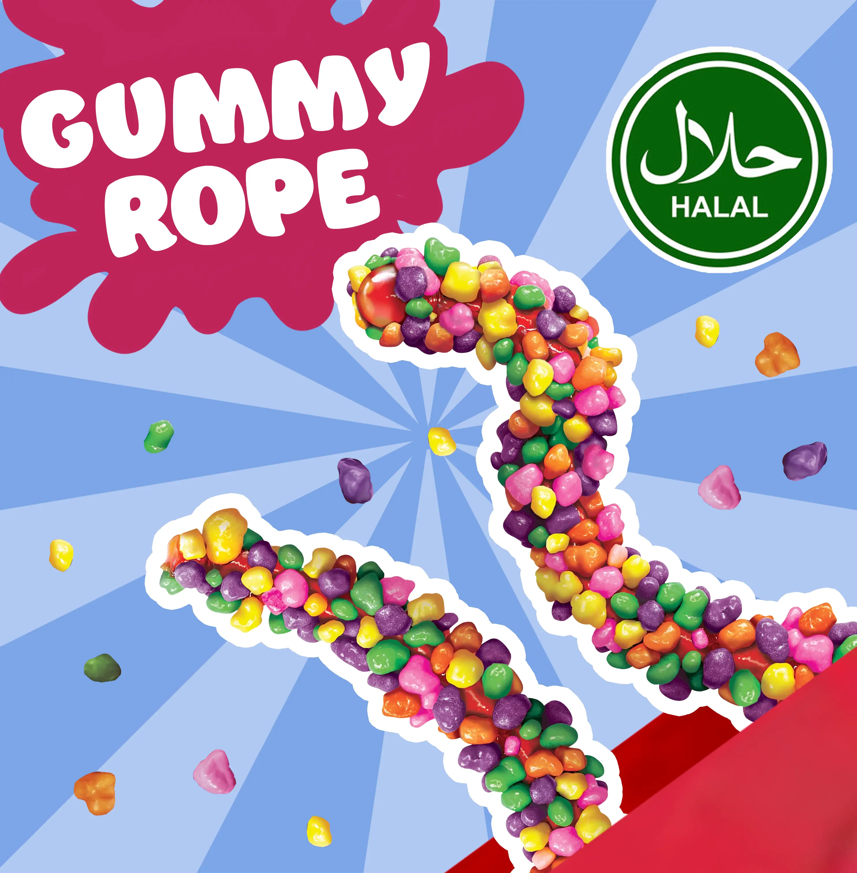 Halal Sour Crunchy Candy Gummy Rope – 9 Inch Chewy Sweet & Sour Candy Rope Snack