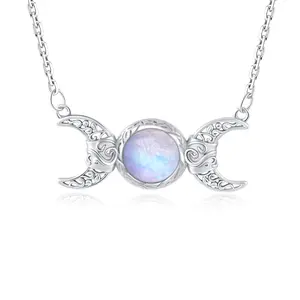 IXLUCK  Natural Real Moonstone Necklace Triple Moon Goddess Pendant Necklace