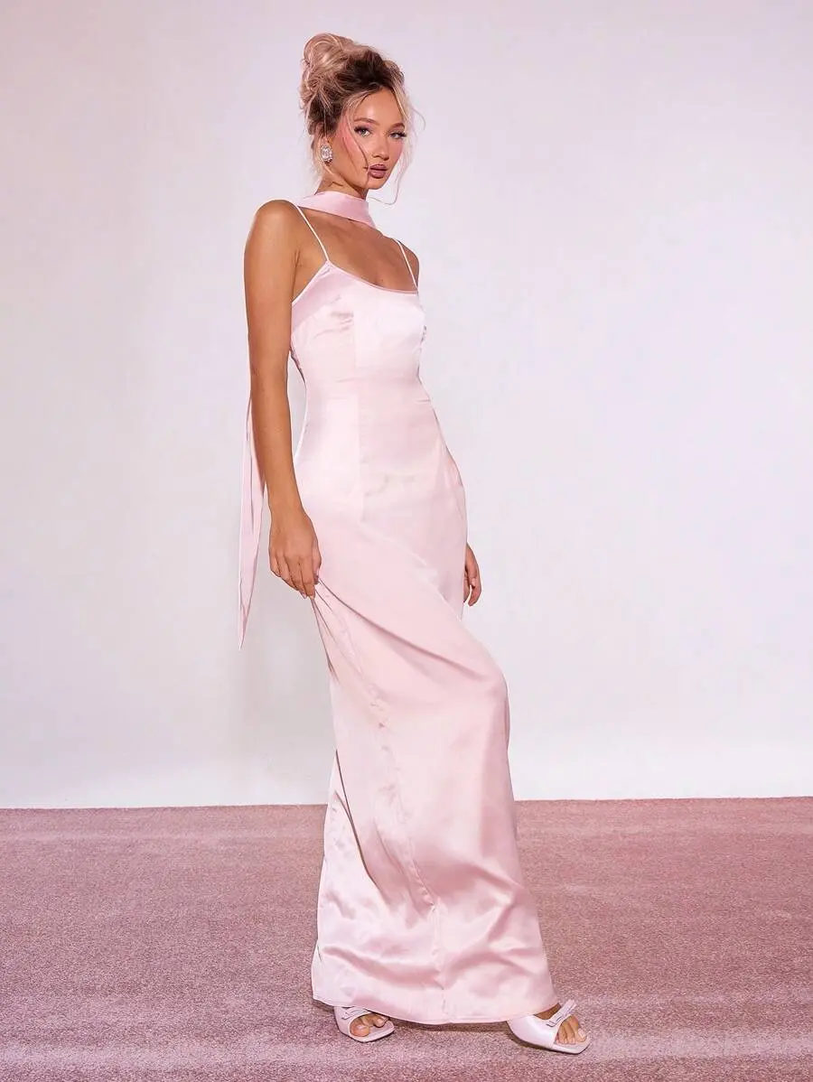 Solid Slip Maxi Holiday Party Dress With Scarf Vacation Summer Pastel Wedding Guest Graduation Holiday Ibiza Beach Night Out