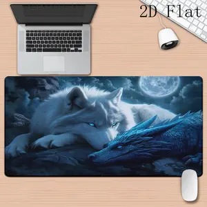 High Quality Large White Wolf & Dragon Gaming Desk Pad Compatible For PC/Laptop, Non-Slip Base With Thick Backing & Smooth Surface - Washable Desk Suitable For Office, Computer Setup, Gamers, Professionals, Artist Desktop Decoration