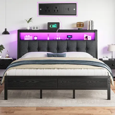 Raybee LED Bed Frame with Charge Station for Queen, Full, King, Platform Bed Frame with Upholstered Ergonomic Heardboard , 2 Tiers of Shelves & 12" Underbed Storage, Industrial Modern Bedroom Furniture, 1000lbs Capacity with Metal Slats & Frame, Black