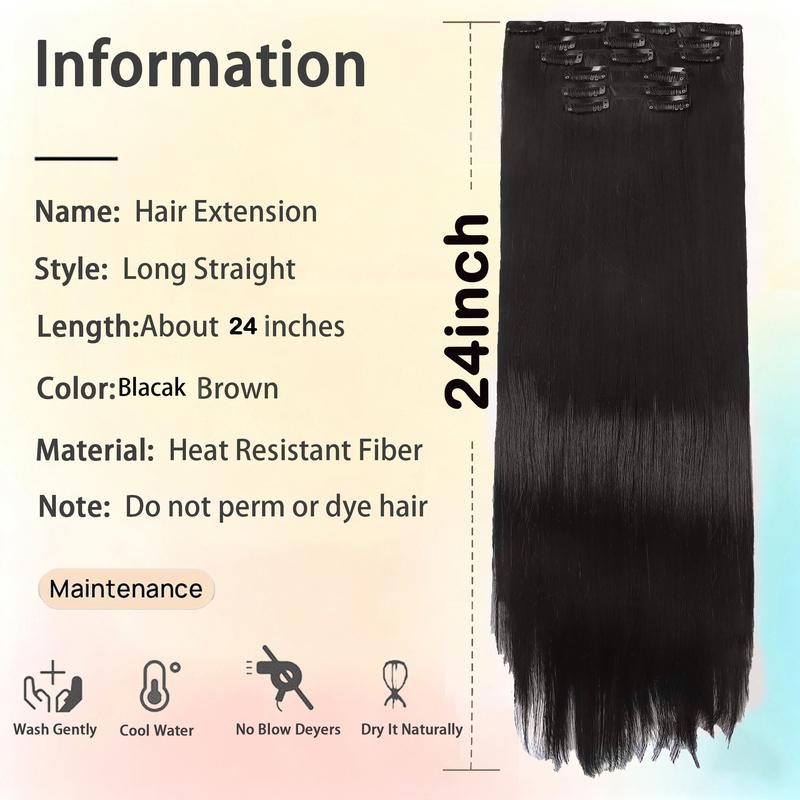 Clip in Hair Extensions 24 Inch 6PCS Natural Fluffy Invisible Seamless Straight Hair Extension High-temperature Synthetic Fiber Double Weft for Daily Use Busy Lifestyle Comfortable Fashionable resistant Thick Hair piece Clip Set