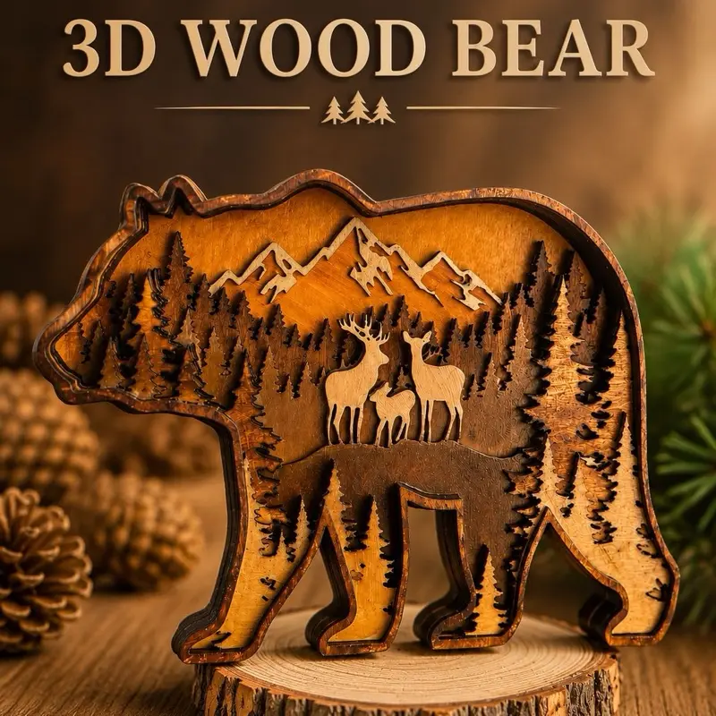 3D Wooden Bear Handcrafted Decor