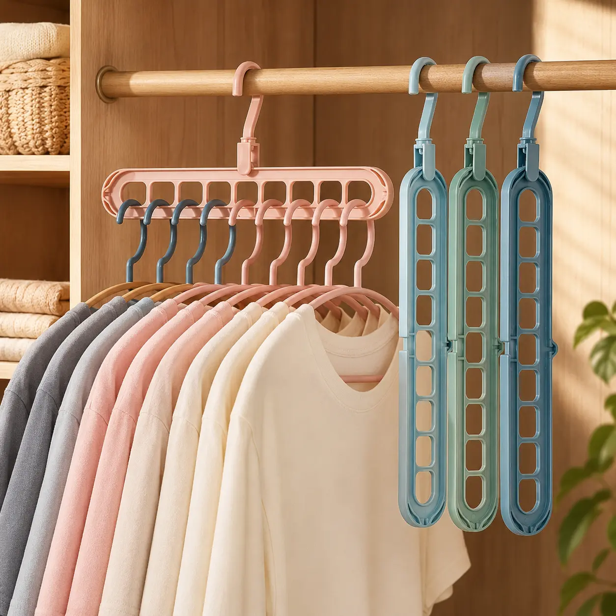 3/5-Pack Heavy-Duty Foldable Plastic Pants Hangers with 9 Holes - Adjustable Hooks, Anti-Slip, Compact Home Organizers for Jumpers, Closet, Garage - Home Decor, Storage Organization, Small Room Organization Products, Closet Organizer, 5 Pcs