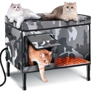 IPOW 6-layer Large Extra Strong Outdoor Cat House, 100% waterproof, made of 900D Oxford cloth and fully insulated weatherproof heated plush pad for outdoor stray barn cats. Freeze-proof cat house. Plush heating pad cat shelter cat bed