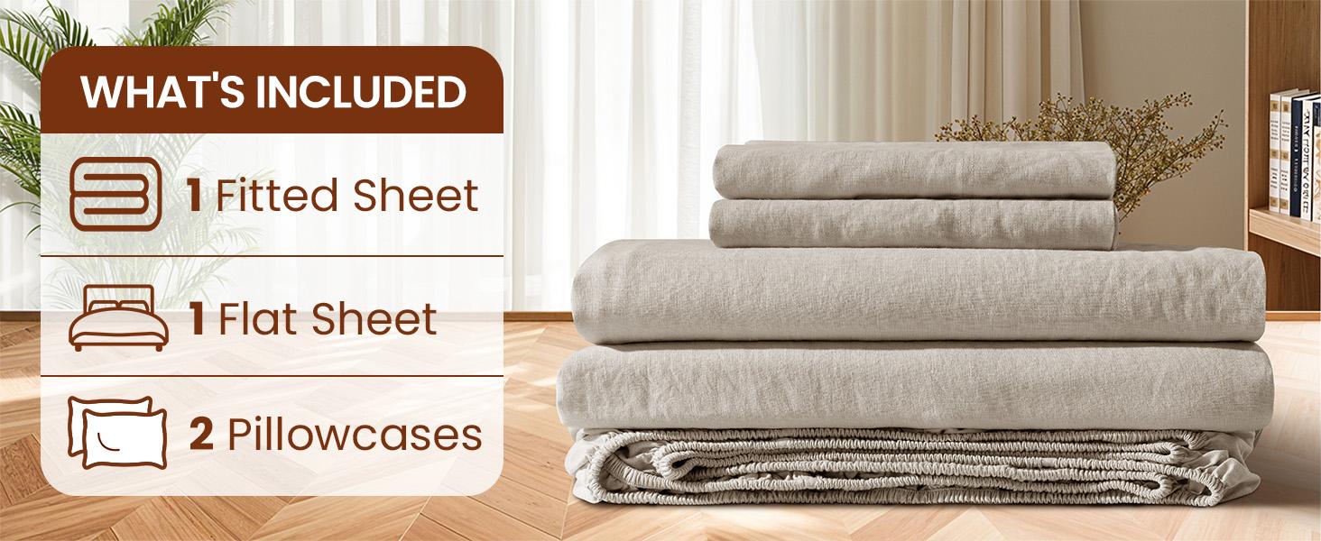 Shilucheng Linen Cotton  4 Piece Bed Sheet Set Rustic Farmhouse Style Soft Cotton Comfort Breathable Linen Texture Cooling for Hot Sleepers