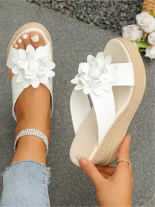 Rainbow Flower Wedge Slides | Espadrille Platform Sandals, Y2K Summer Essentials, Comfy Chunky Heel, Versatile (Rainbow/Silver/White)