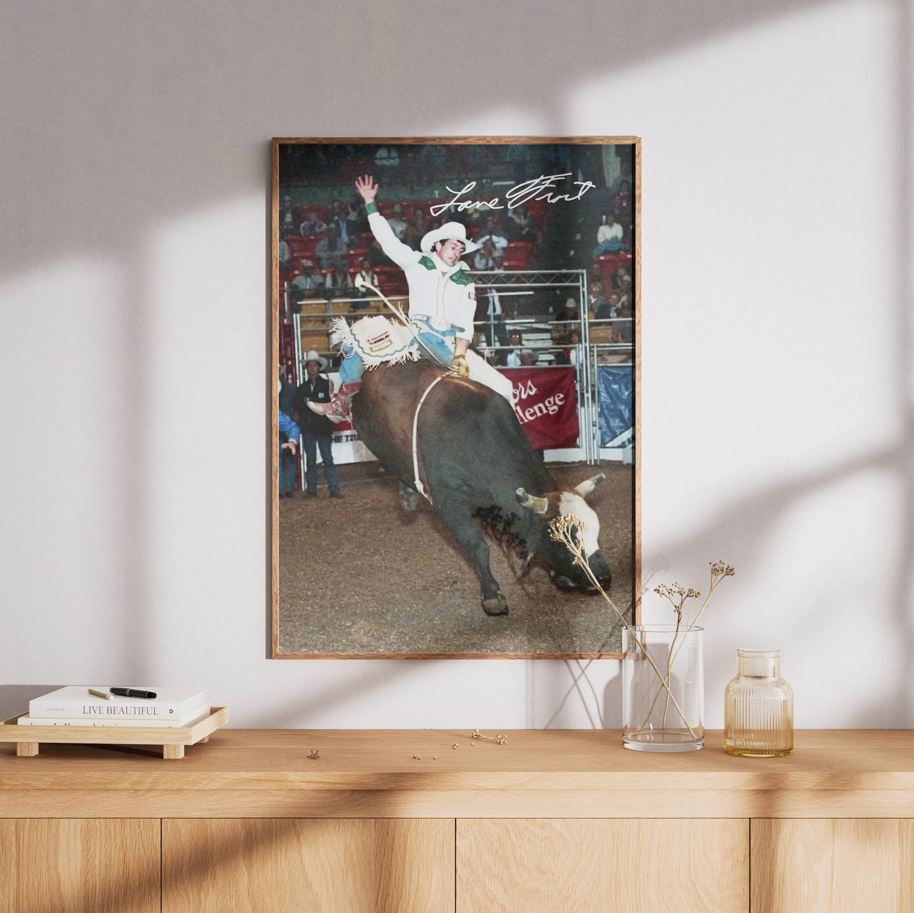 [NO FRAME] Vintage Lane Frost Poster with Signature, Legendary Bull Rider Rodeo Scene, Classic Western Wall Art, Aesthetic Print