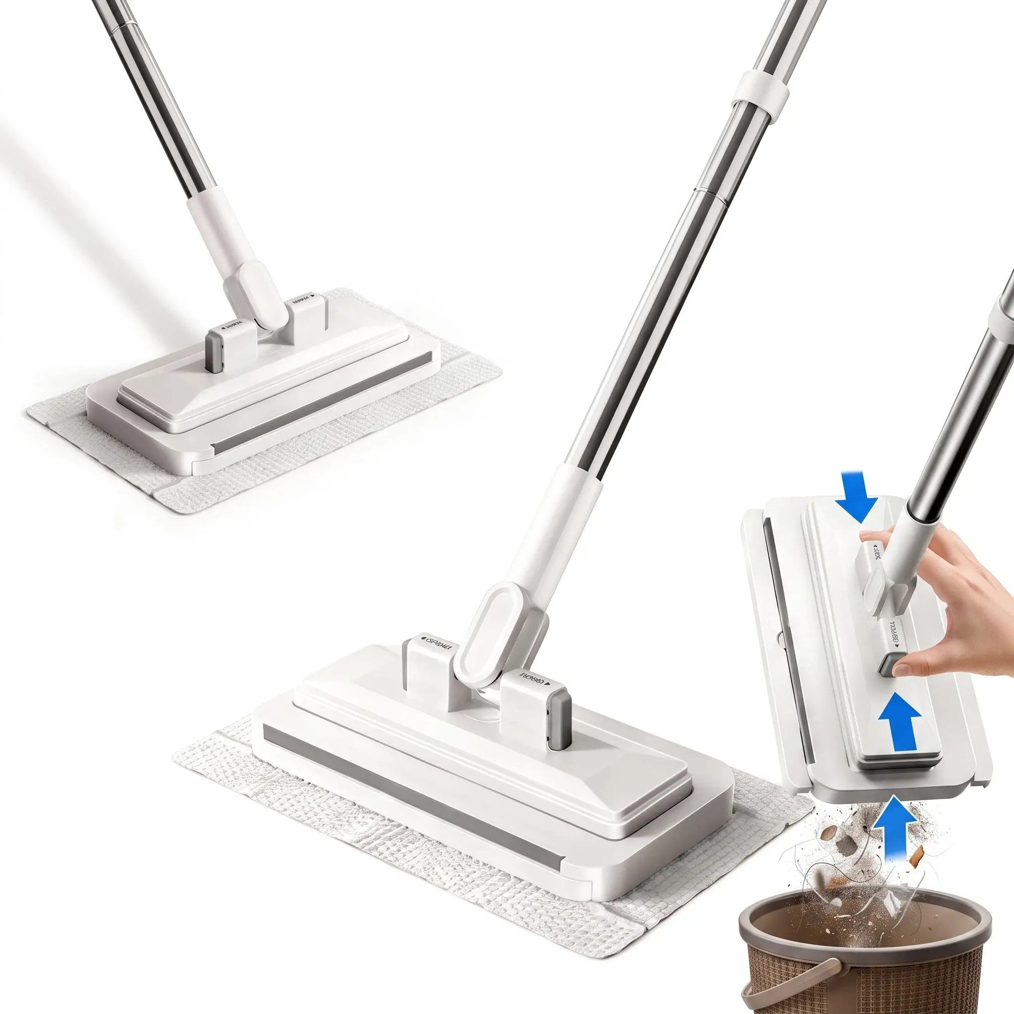 Hands-Free Automatic Cloth Clamping Mop - 135cm Stainless Steel Telescopic Wall & Floor Cleaner Tool with Squeegee & Shark Tooth Grip for Wipes, Towels, and Rags