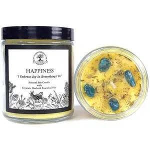 Happiness Soy Affirmation Candle with Blue Apatite Crystals for Joy & Positivity | Art Of The Root