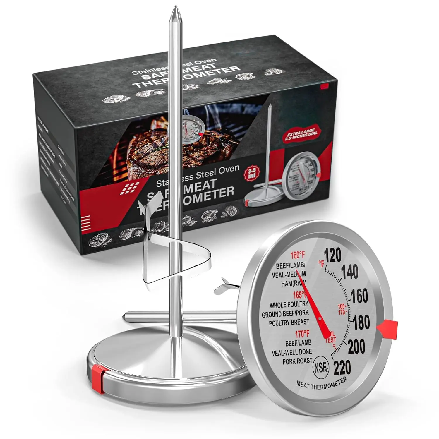 2 Pack Stainless Steel Meat Thermometer, Safe Leave in Oven, 2.5-in Extra-Large Dial Food Thermometer for Cooking, Temperature Probe for Baking, Candy, Oil, Steak, Turkey - Kitchen Gadgets Utensils