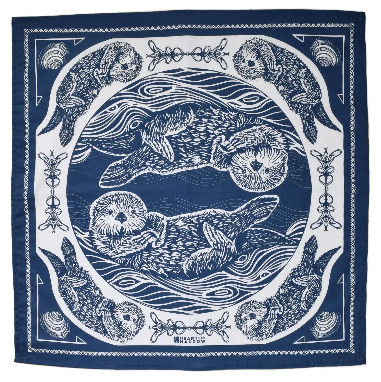 Blue Otter Bandana: Hand-Screen Printed Cotton Scarf (22" x 22") Soft Animal Handkerchief