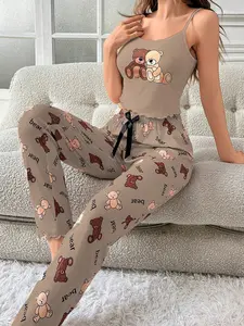 Women's Spaghetti Strap Bear Print Minimalist Top And Long Pants Pajama Set