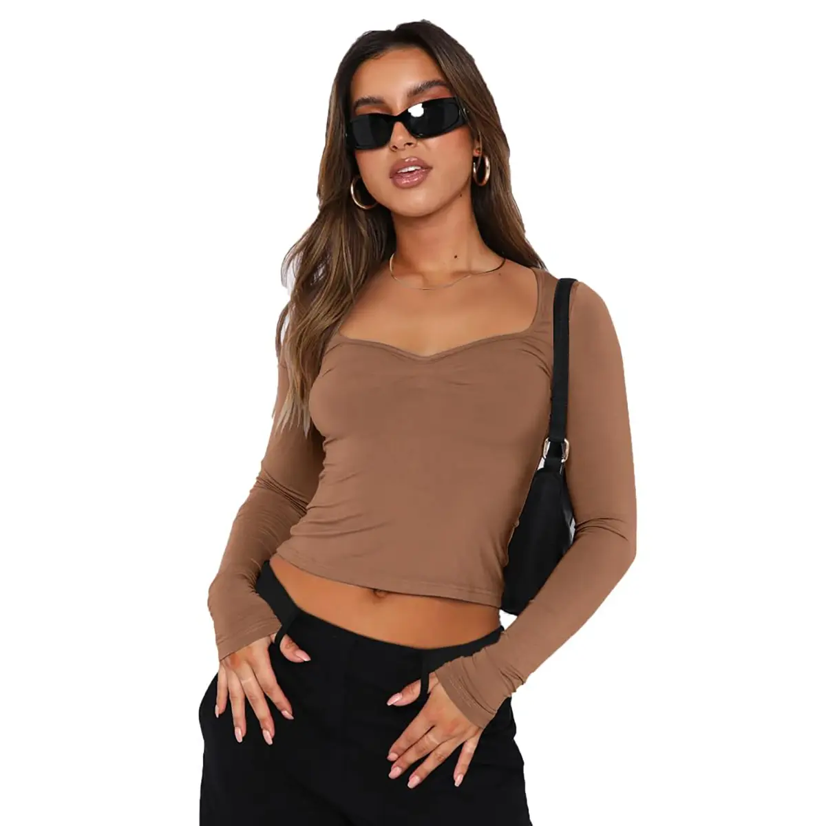Womenswear Solid Ruched Split Sweetheart Neck Crop Tee, Casual Long Sleeve T-shirt for Daily Wear, Elastic Soft Clothes for Vintage Tops Fashion Fit Cute Streetwear Tshirts Outfits Minimalist Slim Y2K Basic Short Tops thermal long sleeve