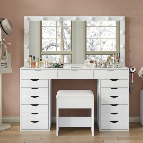 [Shipping by 2 Packages] FUSOU 55" Vanity Desk with Mirror and Lights, Makeup Table with Charging Station, 3 Color Lighting Modes, 15 Drawers Dressing Table, Vanity with Chair for Bedroom, White