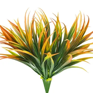 6PCS Artificial Grass Fake Plants 17.3in Outdoor Plastic Plants UV Resistant Greenery Fake Grass for Home Window Garden Office Patio Hanging Planter Pathway Front Porch Decor Orange Yellow