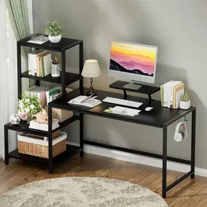 GreenForest Computer Desk 67 inch with Printer Shelf, Reversible Office Desk with Monitor Stand and 2 Hooks, Home Desk Workstation for Study Writing Working Gaming, Black