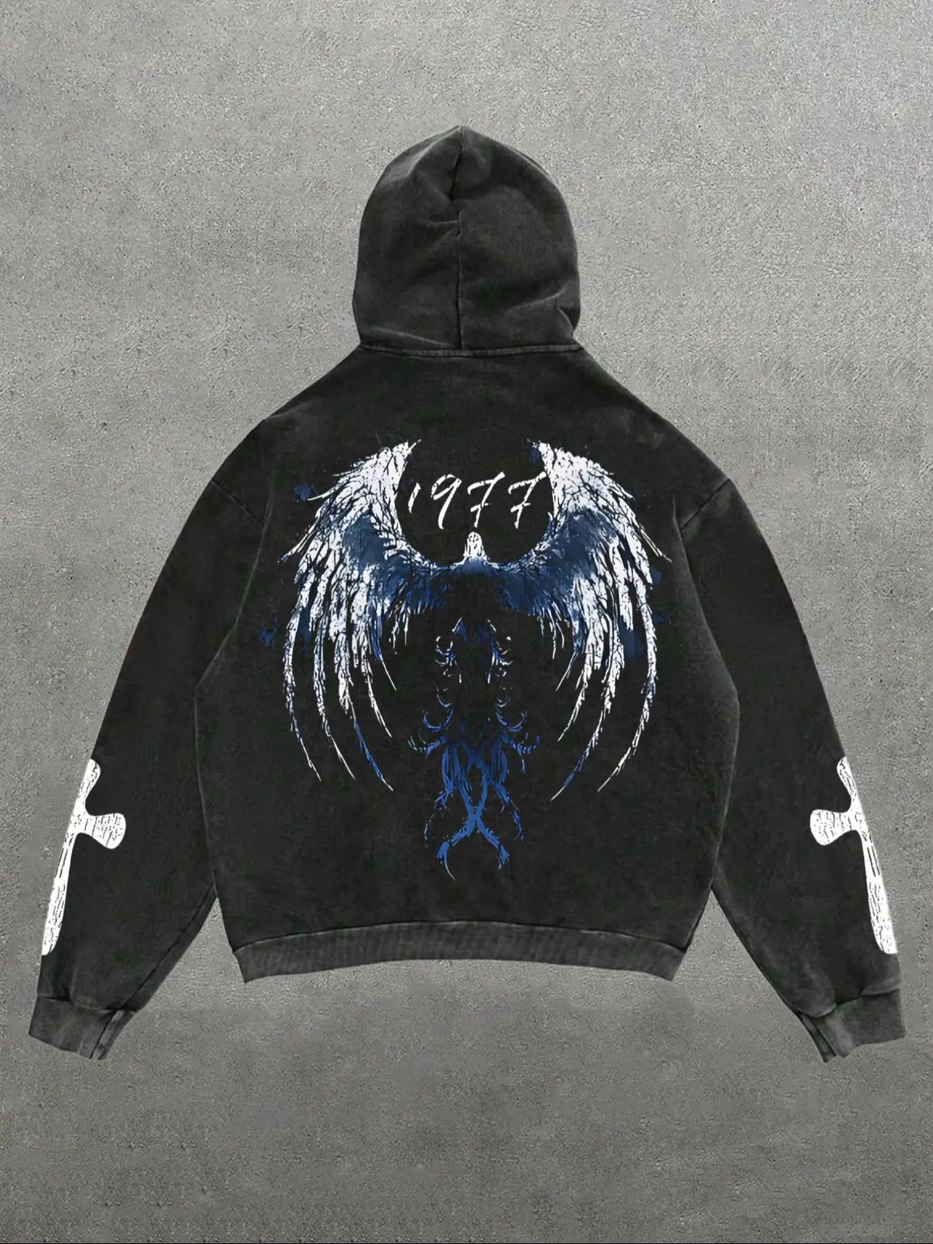 Men's Blue Angel & Phoenix Print Hoodie, Casual Loose-Fit Long Sleeve Pullover, Fashionable Spring & Fall Sweatshirt, Daily Wear Top