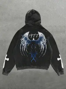 Men's Blue Angel & Phoenix Print Hoodie, Casual Loose-Fit Long Sleeve Pullover, Fashionable Spring & Fall Sweatshirt, Daily Wear Top