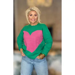 Kelly Green Colorblock Heart Knit Sweater with Bold Bright Pink Heart Soft Acrylic Blend and Spandex for Cozy Comfort