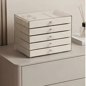 A set of 5 acrylic jewelry storage boxes with transparent downy velvet lining, featuring a stackable design and detachable dividers, suitable for earrings, necklaces, rings and bracelets, as well as a display box for women's makeup tables.