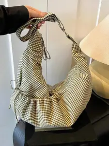Artistic style casual versatile textured plaid shoulder bag, retro fashion niche personality large capacity pleated crossbody bag, with drawstring drawstring design, Quilted shoulder crossbody, suitable for commuting and shopping