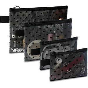 4-Piece Heart Printed Mesh Makeup Bag Set, Portable Travel Mesh Cosmetic Bags Toiletry Bags Makeup Purse Bags Mesh Zipper Storage Pouches for Home Offices Travel Accessories (Black)