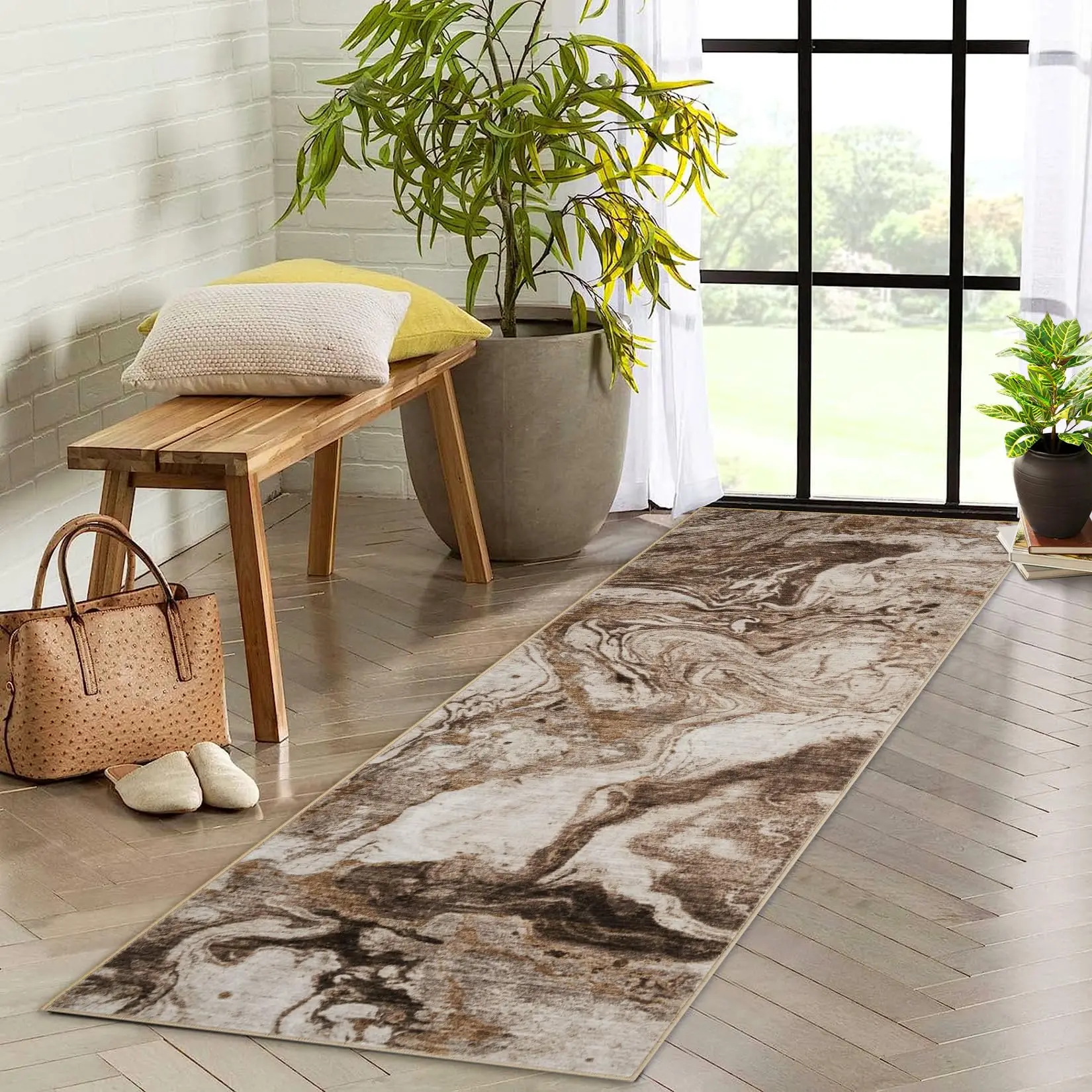 GARVEE 2'x6' Runner Rug Area Rug Soft Modern Abstract Boho Washable Large Machine Rug Non-Slip Low Pile Carpets for Bedroom Entryway Office Dining Table Caramel